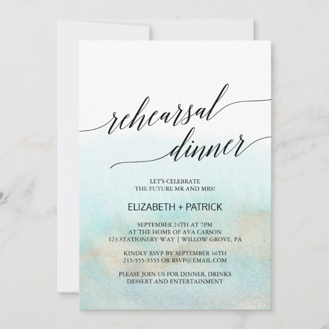 Invitation Dîner de répétition Aqua and Gold Watercolor Beach (Devant)