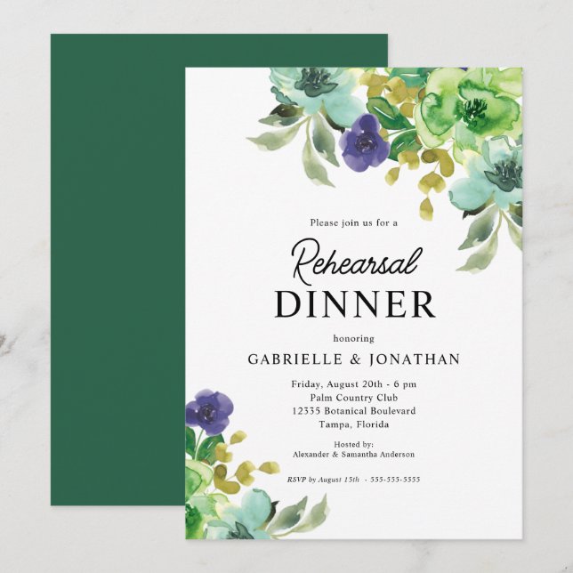 Invitation Dîner de répétition Aquarelle colorée Floral (Devant / Derrière)