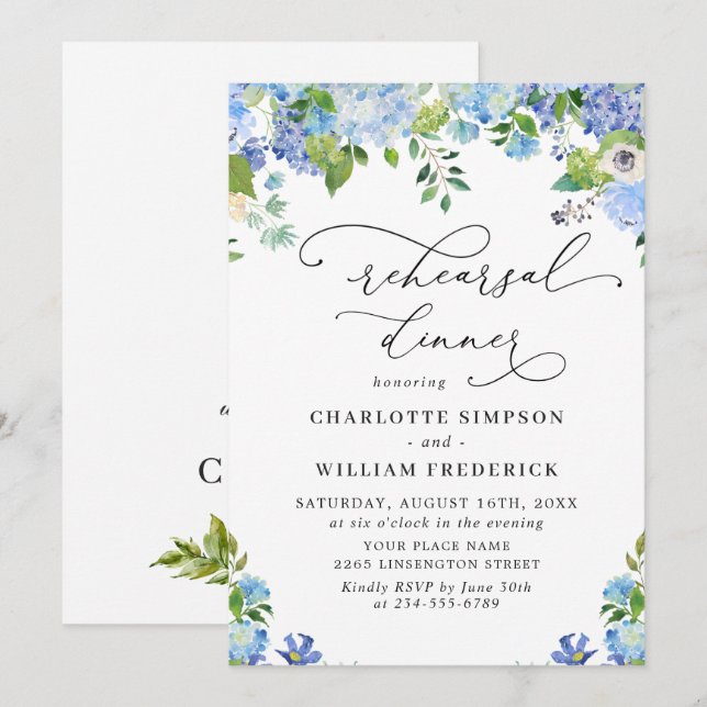 Invitation Dîner de répétition aquarelle élégante hydrangea b (Devant / Derrière)