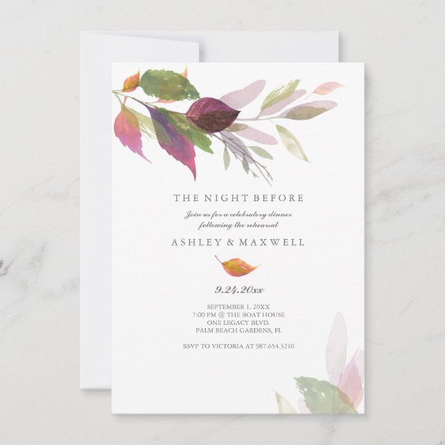 Invitation Dîner de répétition Aquarelle Feuilles d'automne (Devant)