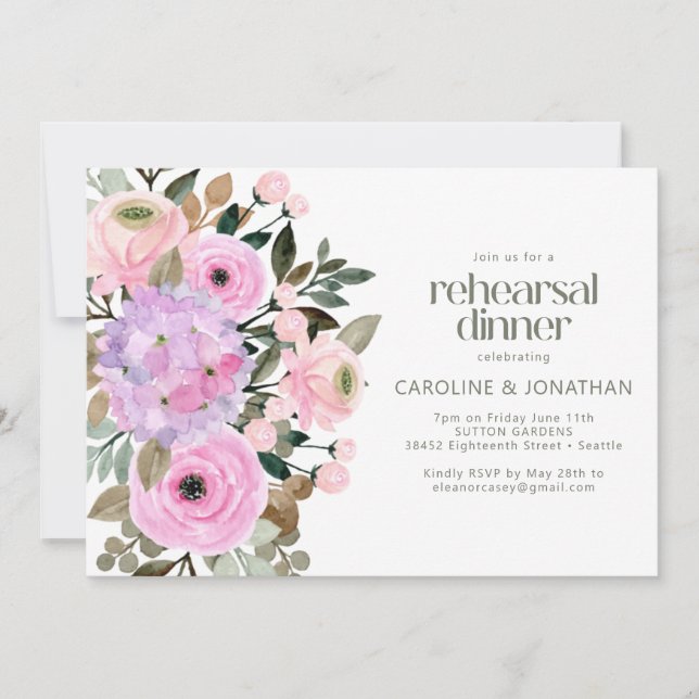 Invitation Dîner de répétition aquarelle florale rose lavande (Devant)