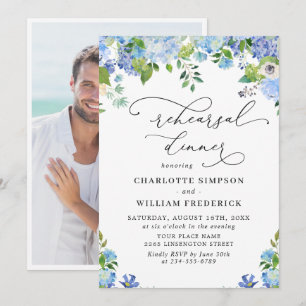 Invitation Dîner de répétition aquarelle Hydrangea Bleu Éléga
