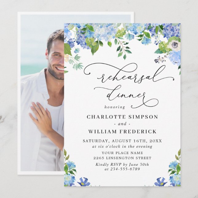 Invitation Dîner de répétition aquarelle Hydrangea Bleu Éléga (Devant / Derrière)