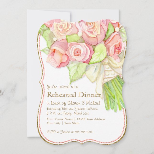 Invitation Dîner de répétition Aquarelle Rose Bouquet Perles (Devant)