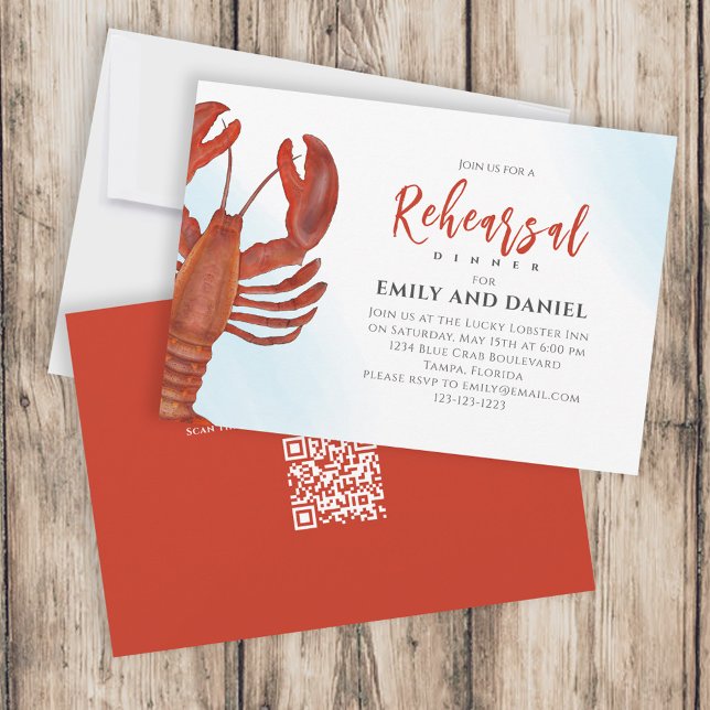 Invitation Dîner de répétition aquarelle Rouge Homard QR Code (Créateur téléchargé)