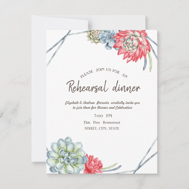 Invitation Dîner de répétition aquarelle succulent rouge dése (Devant)