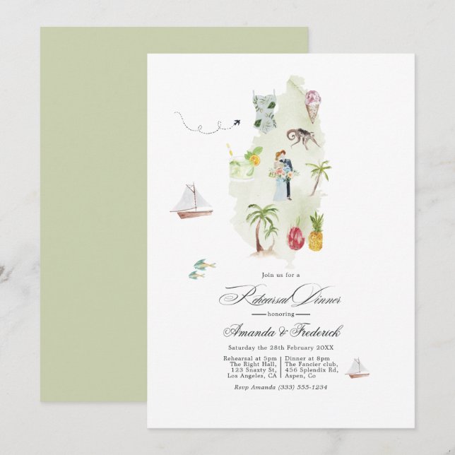 Invitation Dîner de répétition aquarelle tropicale de Sainte- (Devant / Derrière)