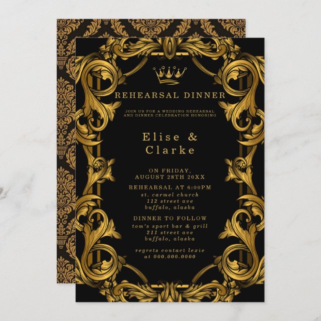 Invitation Dîner de répétition Art Déco Black Gold Royal (Devant / Derrière)