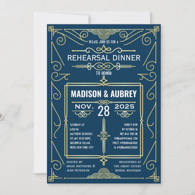 Invitation Dîner de répétition Art Déco Mariage Classy Gold B (Devant)