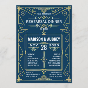 Invitation Dîner de répétition Art Déco Mariage Classy Gold B