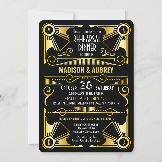 Invitation Dîner de répétition Art Déco Mariage Gold & Black (Devant)