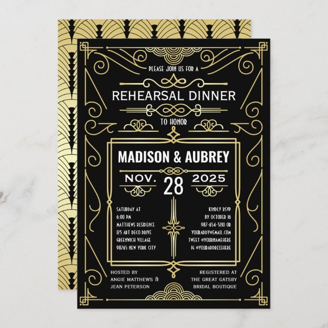 Invitation Dîner de répétition Art Déco Mariage Gold Noir (Devant / Derrière)