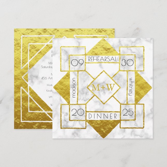 Invitation Dîner de répétition Art déco Mariage Marble Gold F (Devant / Derrière)