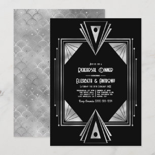 Invitation Dîner de répétition Art Déco noir et argent modern