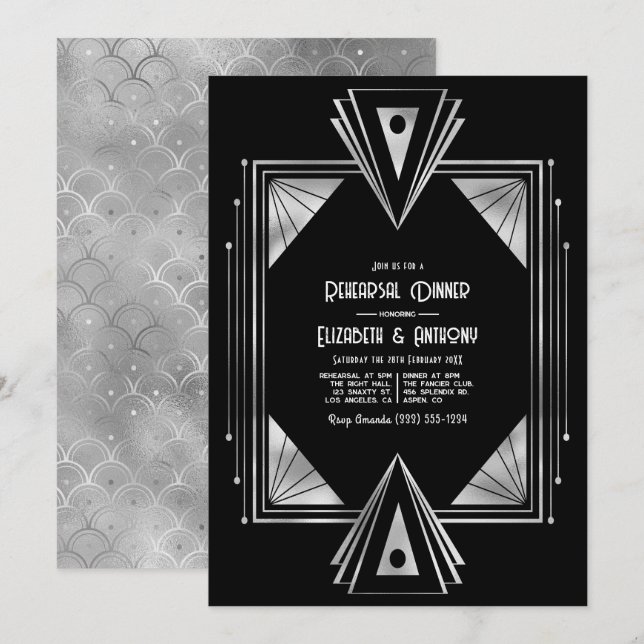 Invitation Dîner de répétition Art Déco noir et argent modern (Devant / Derrière)