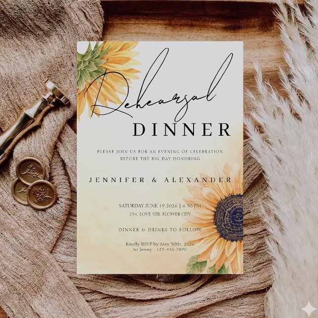 Invitation Dîner de répétition au tournesol de campagne rusti (Rustic Country Sunflower Rehearsal Dinner Invitation)