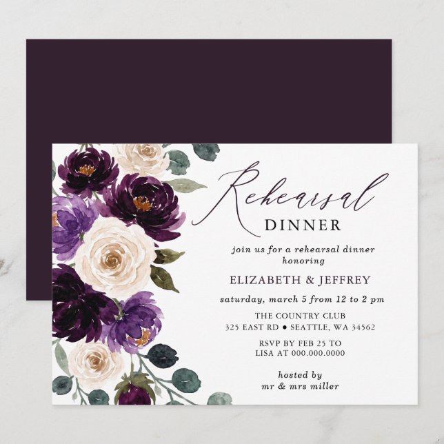 Invitation Dîner de répétition Aubergine Ivoire Violet prune  (Devant / Derrière)
