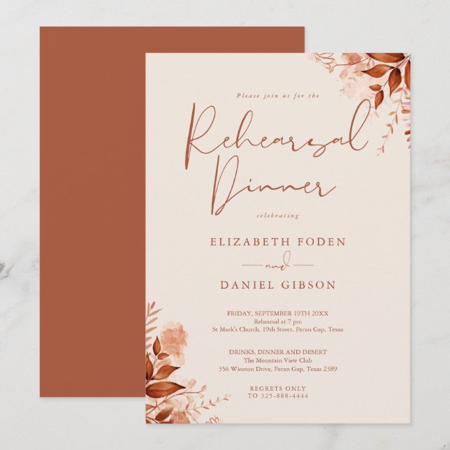 Invitation Dîner de répétition automnal floral rustique (Devant / Derrière)