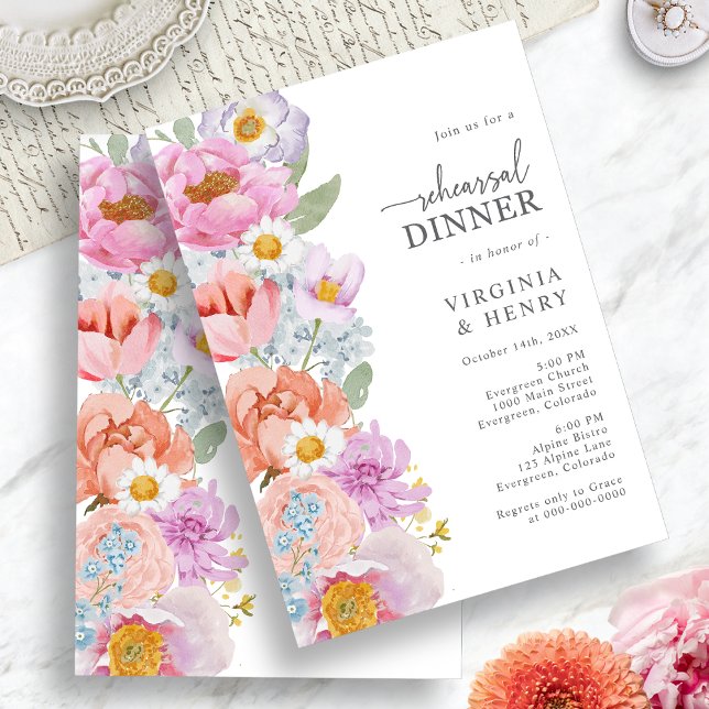 Invitation Dîner de répétition aux fleurs éclatantes (Bright Floral Rehearsal Dinner Invitation by Painted Paperie
)