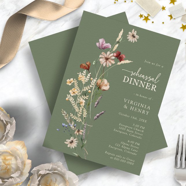 Invitation Dîner de répétition aux fleurs sauvages vert sauge (Boho Sage Green Wildflowers Rehearsal Dinner Invitation by Painted Paperie
)