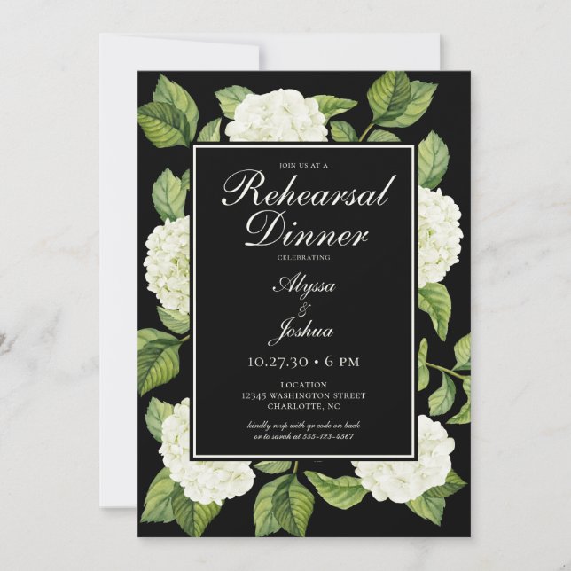 Invitation Dîner de répétition aux Hydrangeas blanches (Devant)