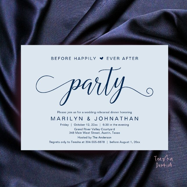 Invitation Dîner de répétition avant le bonheur éternel (Before Happily Ever After Rehearsal Dinner Party Invitation Card in Misty Blue)