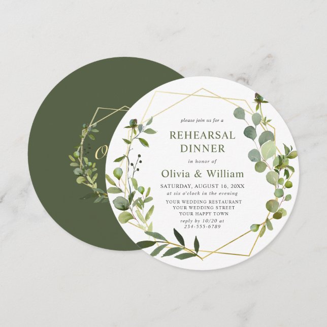 Invitation Dîner de répétition avec cadre géométrique eucalyp (Devant / Derrière)
