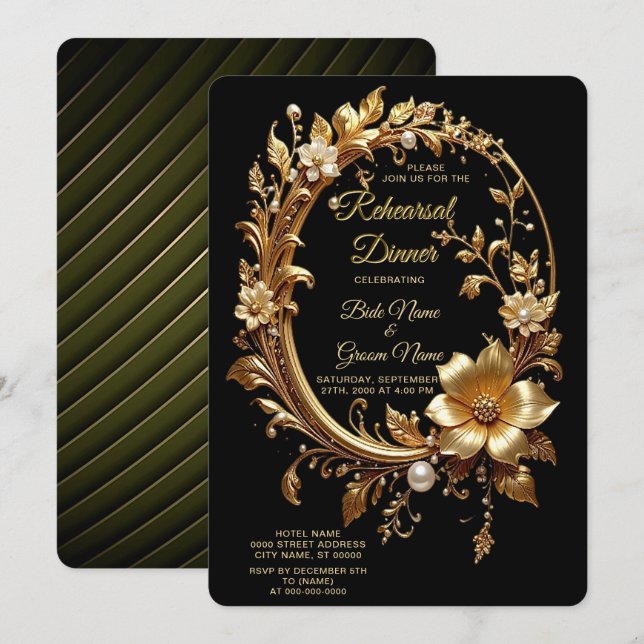 Invitation Dîner de répétition avec cadre orné de fleurs doré (Devant / Derrière)