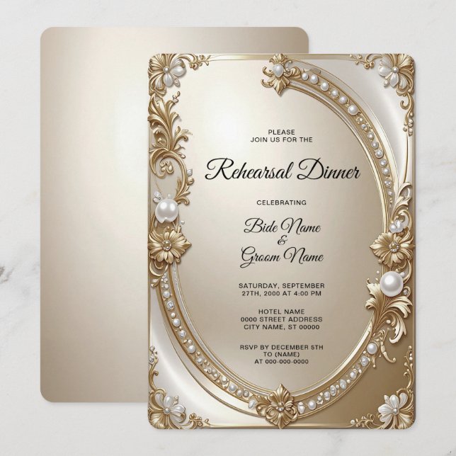 Invitation Dîner de répétition avec cadre orné doré et perles (Devant / Derrière)
