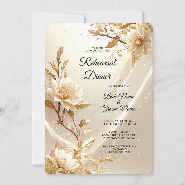 Invitation Dîner de répétition avec fleurs blanches et or (Devant)