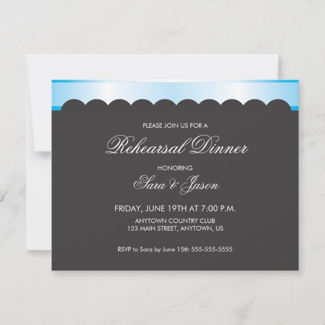 Invitation Dîner de répétition avec fond noir et ruban bleu (Devant)