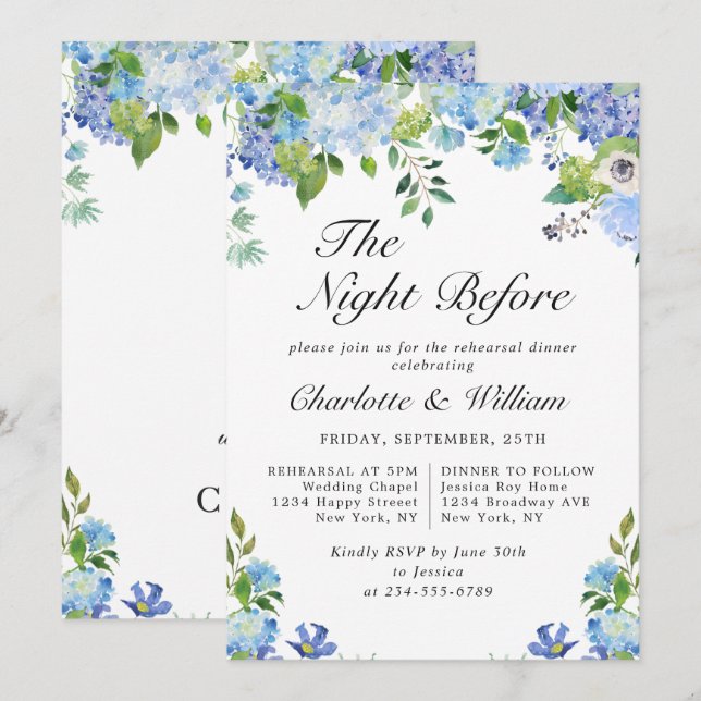 Invitation Dîner de répétition avec verdure d'hortensia bleu  (Devant / Derrière)