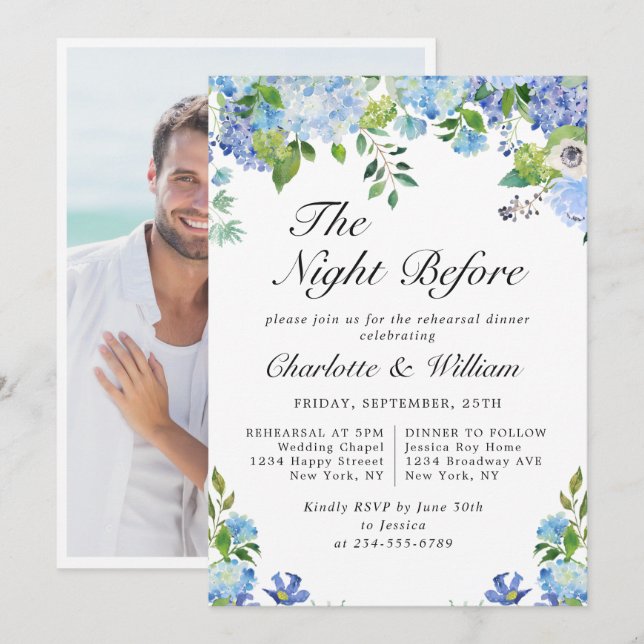 Invitation Dîner de répétition avec verdure et hortensia bleu (Devant / Derrière)