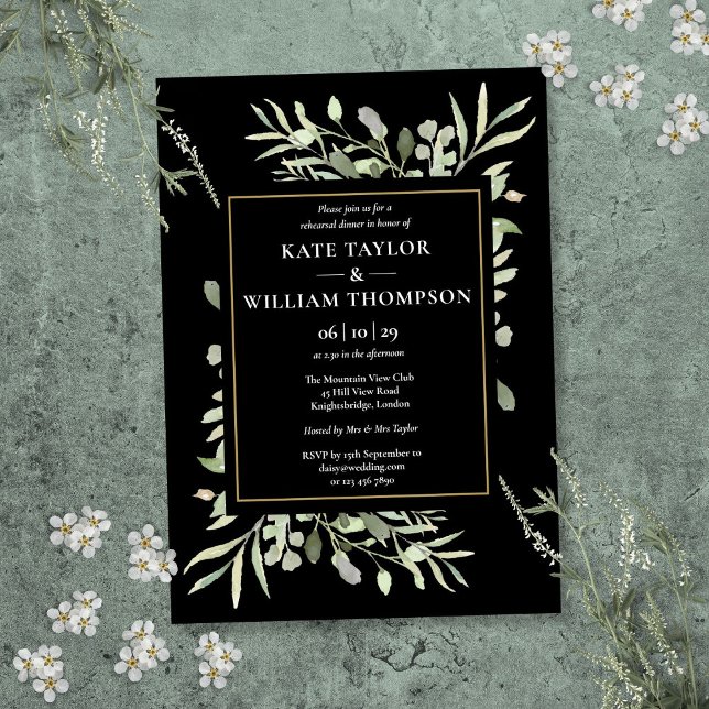 Invitation Dîner de répétition Black And Gold Greenery (Black And Gold Greenery Rehearsal Dinner Invitation)