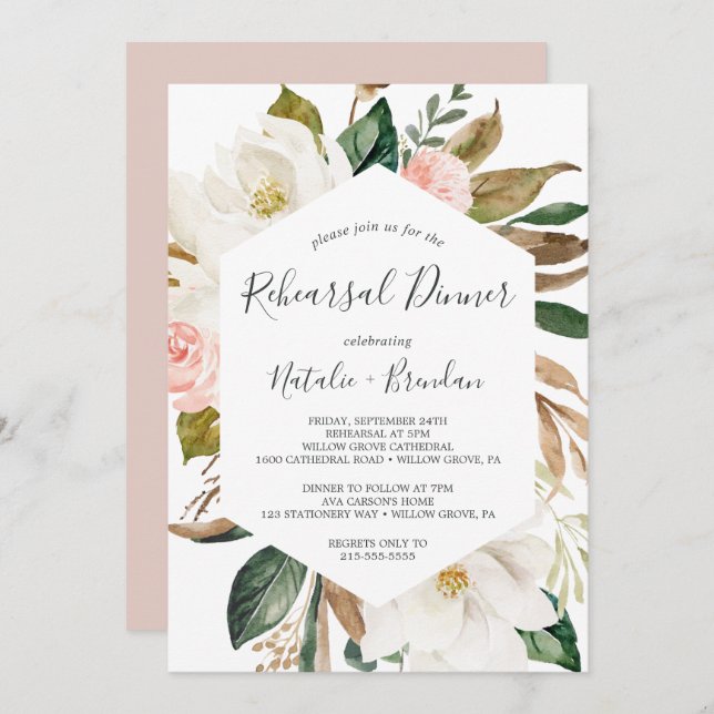 Invitation Dîner de répétition blanc et blanc élégant de Magn (Devant / Derrière)