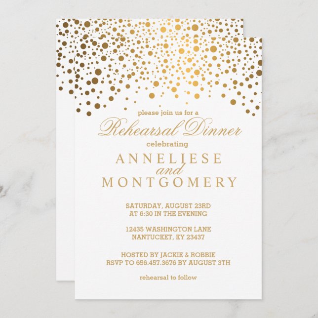 Invitation Dîner de répétition blanc et or Confetti (Devant / Derrière)