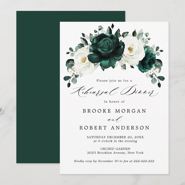 Invitation Dîner de répétition blanc Eucalyptus Emerald Green (Devant / Derrière)