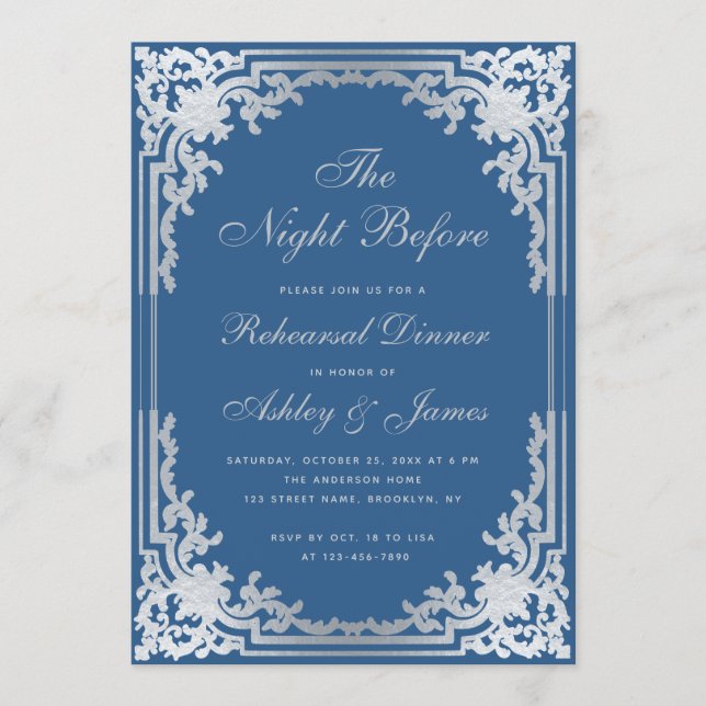 Invitation Dîner de répétition bleu classique faux argent vin (Devant)