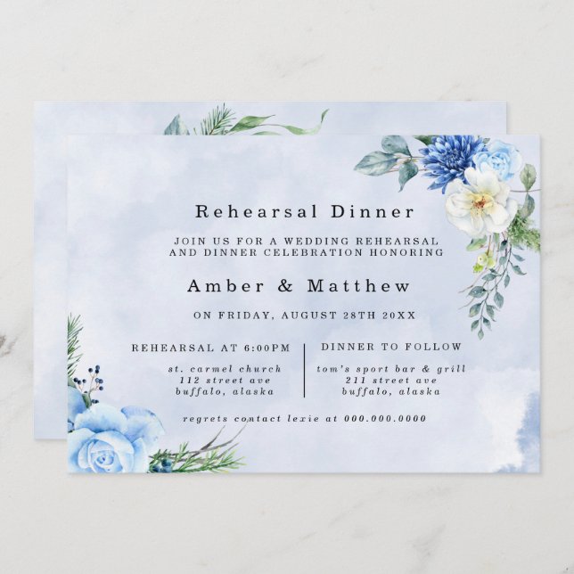 Invitation Dîner de répétition bleu floral Dusty Navy (Devant / Derrière)
