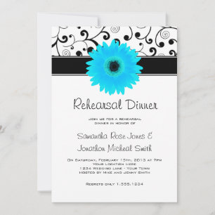 Invitation Dîner de répétition bleu Gerbera Daisy Black Scrol