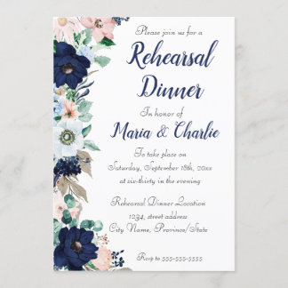 Invitation Dîner de répétition bleu marine Élégantes fleurs
