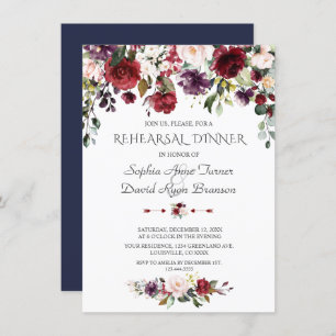 Invitation Dîner de répétition bleu marine Fleurs rousses de
