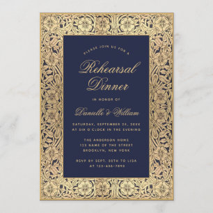 Invitation Dîner de répétition Bleu marine Or Roses vintage