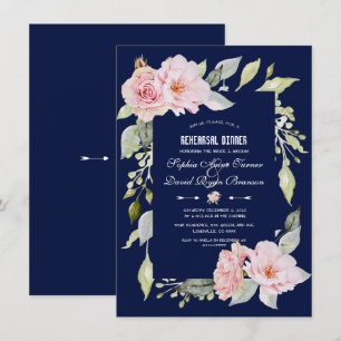Invitation Dîner de répétition bleu marine rose floral