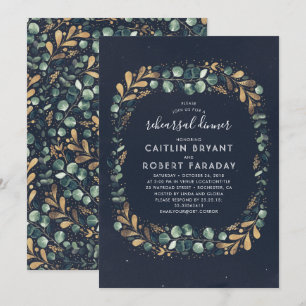 Invitation Dîner de répétition bleu marine vert et or vert