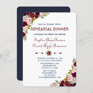 Invitation Dîner de répétition bleu Marsala Floral Navy