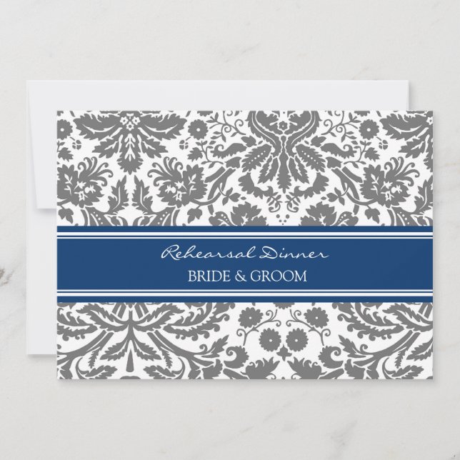 Invitation Dîner de répétition Blue Grey Damask (Devant)