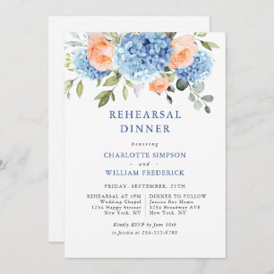Invitation Dîner de répétition Blue Hydrangea Blush Rose Rose