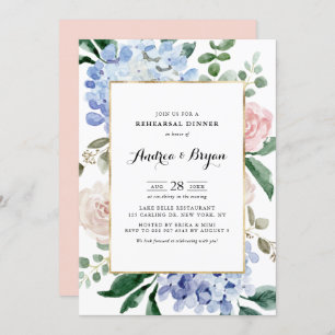 Invitation Dîner de répétition Blue Hydrangeas and Pink Roses