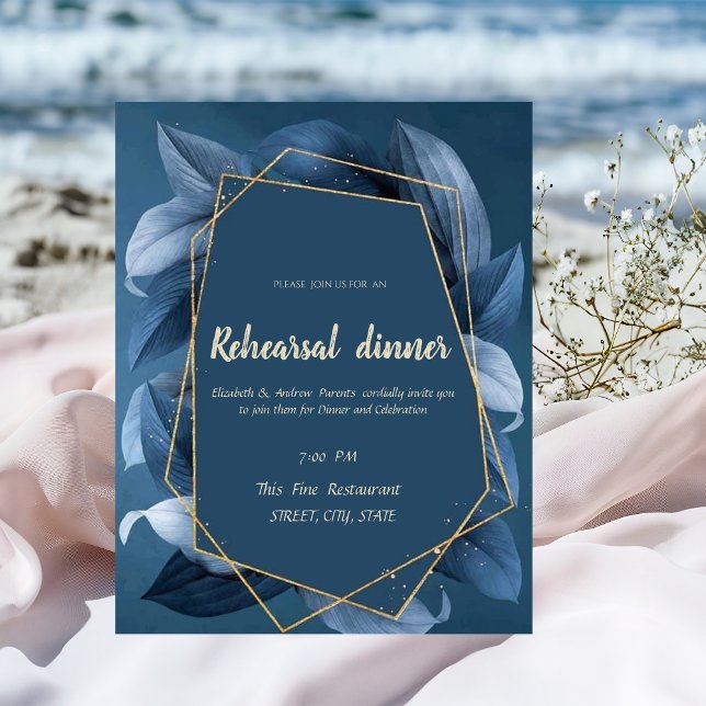 Invitation Dîner de répétition Blue Leaves Gold Frame (Créateur téléchargé)
